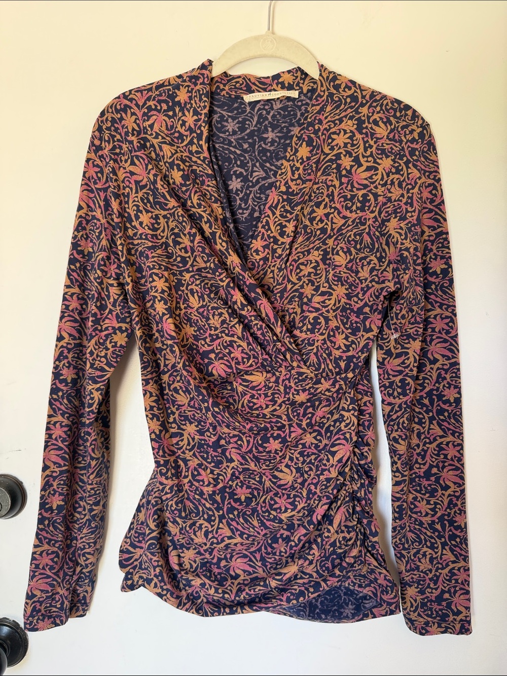 Peruvian Connection Ruched Cotton Faux Wrap Long Sleeve Leaf Print Top small